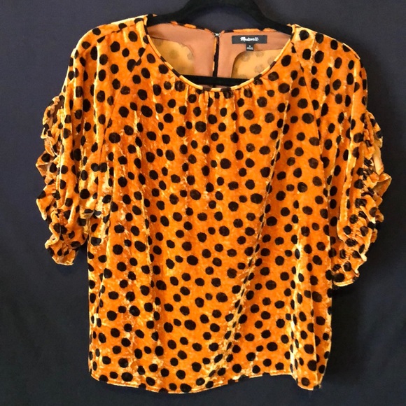 Cute! Madewell Velvet Top. EUC Rust w/ Black Polkadots. Ruffled Open Sleeves. M - Picture 6 of 13